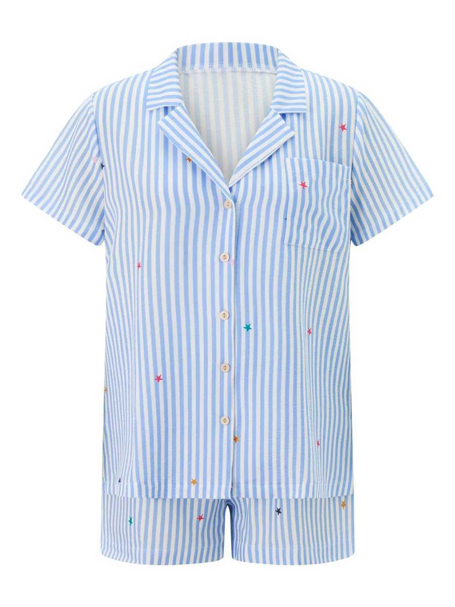 Women s Summer Shorts Outfits Stripe Print Short Sve Lapel Tops with Elastic Waist Shorts Set StreetwearXJ250106