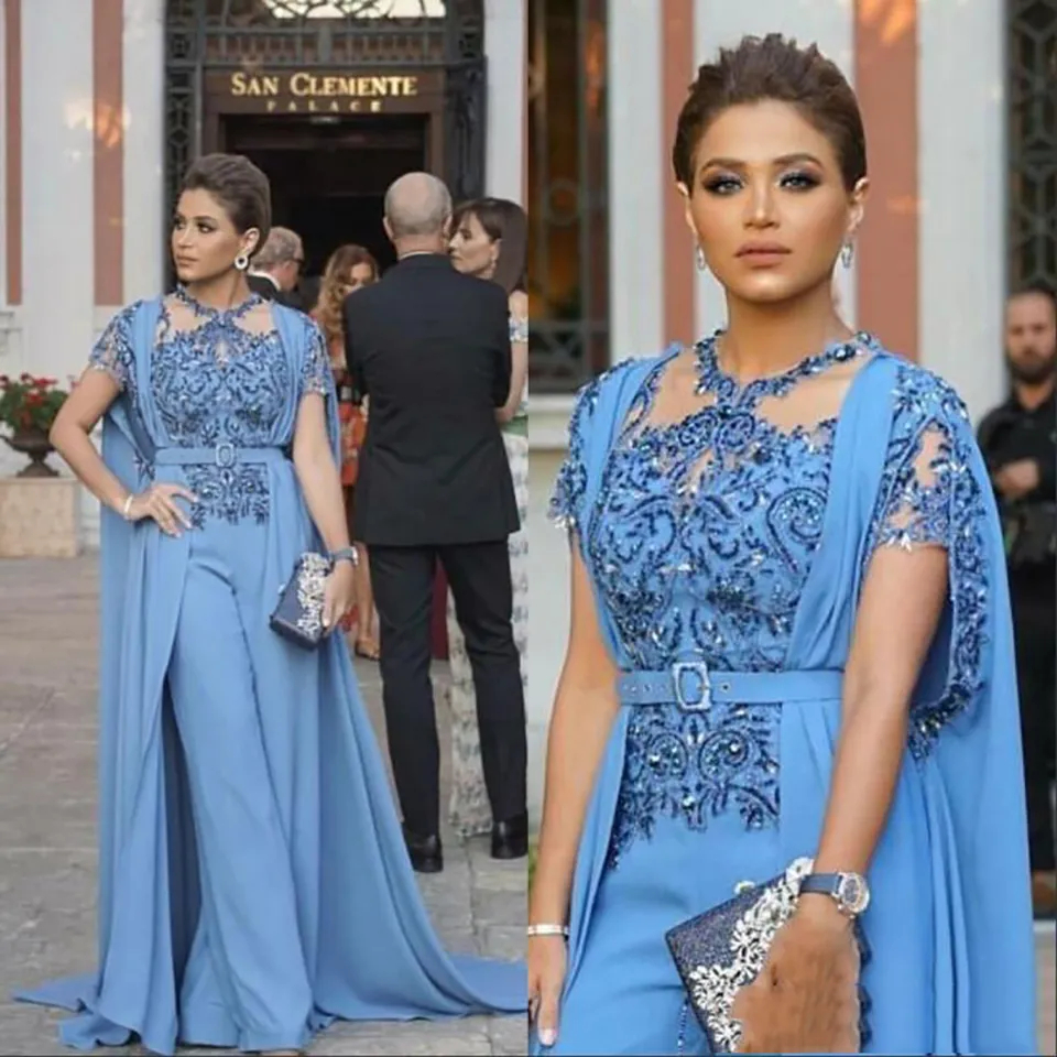 Modern Sky Blue Women Jumpsuits Evening Dresses With Cape Wrap Lace Appliques Elegant Formal Dress Celebrity Prom Gown 2025