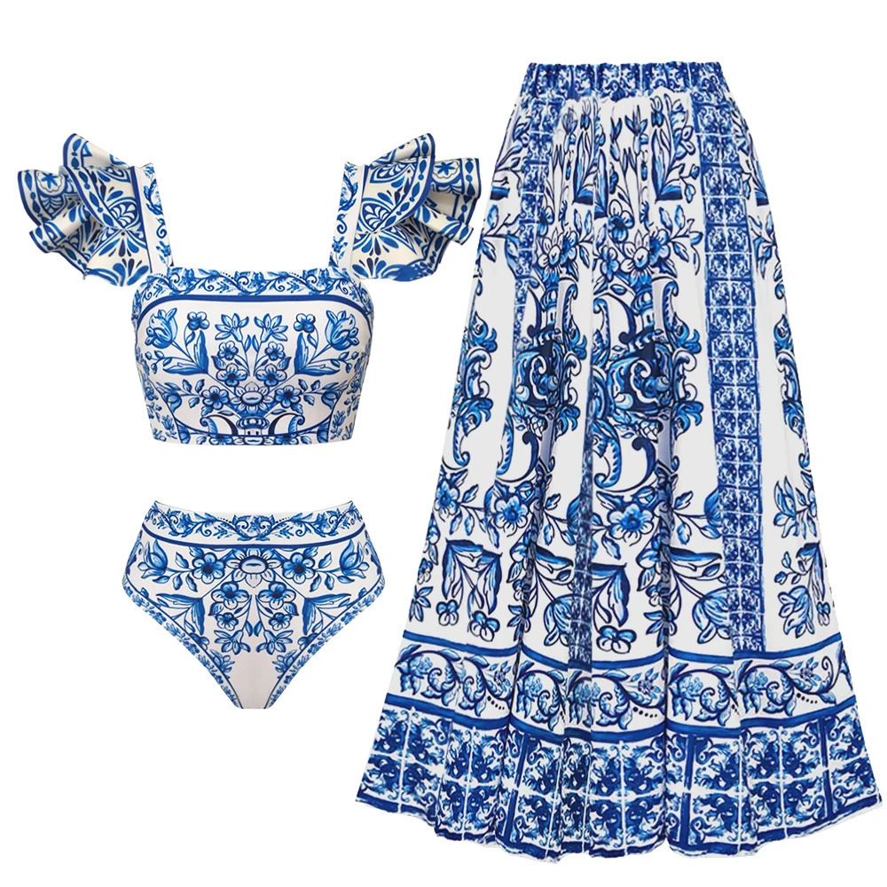 Printed Ruffle One Piece Swimsuit With Cover Up Sexy Swimwear Women Flat Belly Swim Suits Bathsuit Belt Bodysuit Beach Outing 250106