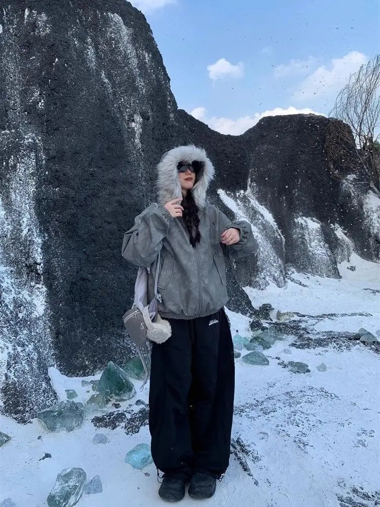 Hip Hop Winter Pants For Women Warm Thicken Baggy Wide Leg Beige Snow Pants Oversized Y2K Suede Harajuku Sweatpants Trousers 250106