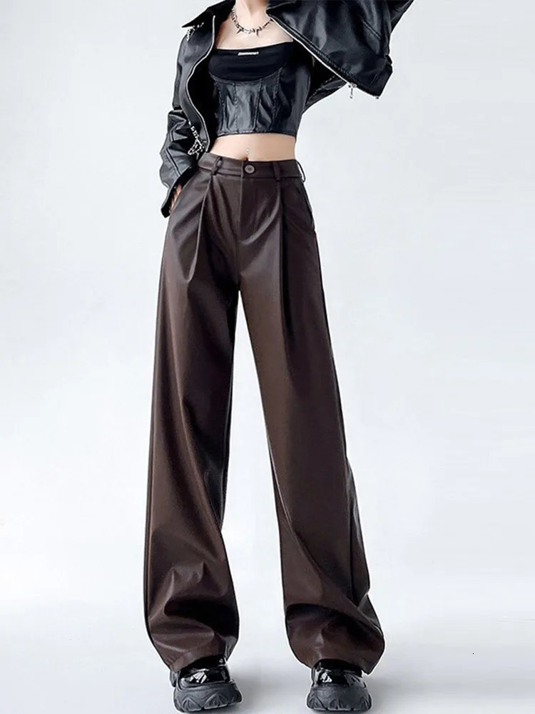 Vintage PU Leather Pants Women Loose Zipper High Waist Wide Leg Trousers Female 2025 Early Spring Fashion Lady Streetwears 250106