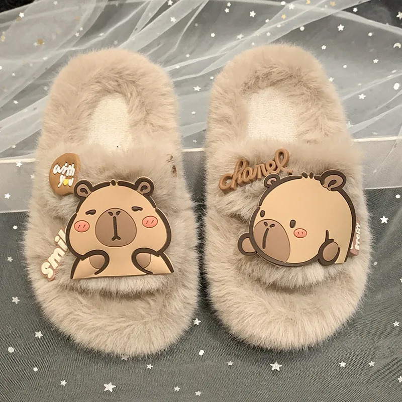 Cute Capybara Kids House Slippers Soft Fluffy Girls Warm Fur Slippers Fashion Cartoon Children Boys Open-toe Cotton Flat Shoes 250106