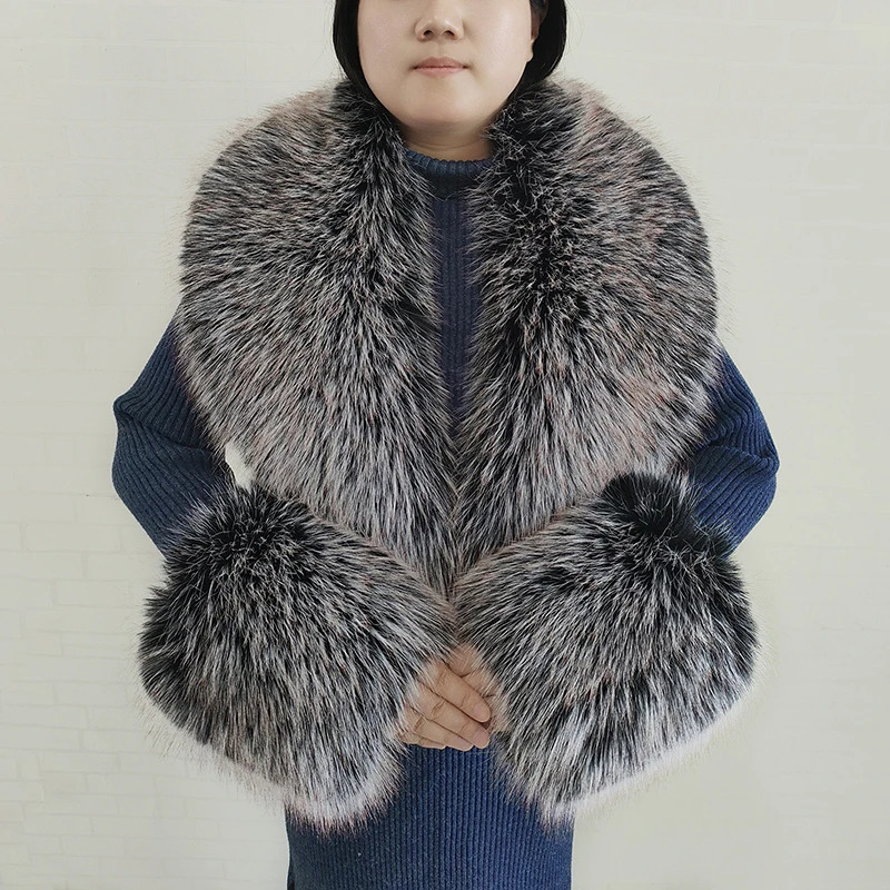 Large Winter Faux Fox Fur Scarf Women Jackets Warm Fluffy Shawl Fashion Artificial Fur Collar And Cuff Set Fluffy Scarves Female 250106