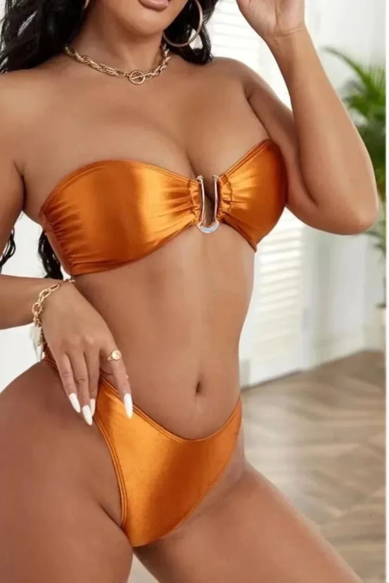 Summer Solid Push Up Woman Swimsuit Beach Sexy Bikini Set Solid Swimming Suit for Women Swimwear Bandeau Bathing Suit 250106
