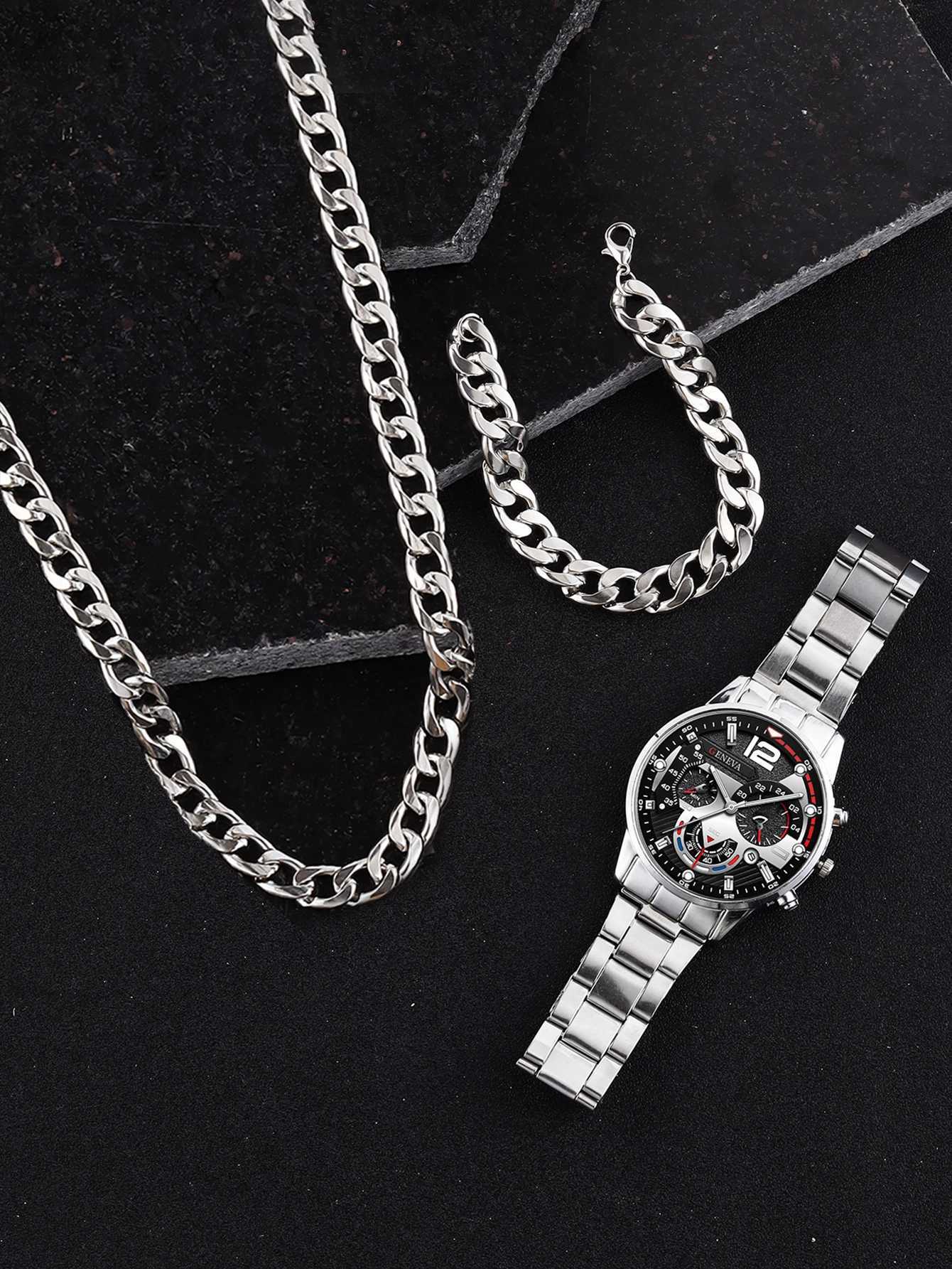 3pcs Business style Silver White Mechanical design mens alloy quartz watch with calendar and alloy Cuba necklace bracelet setX250107