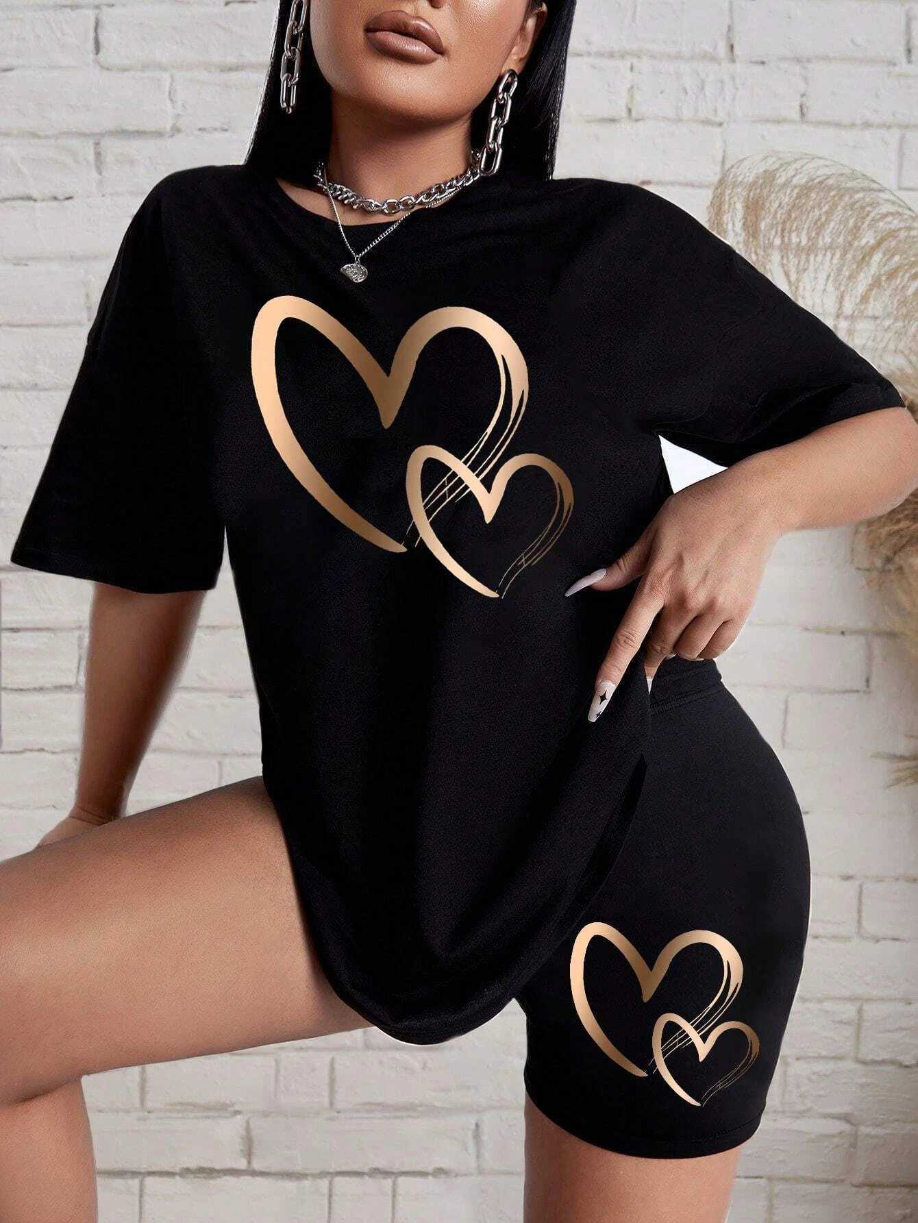 Love Pattern Print Women Cotton T Shirts Two Piece Set Fashion Hip Hop Short Sets Breathable Soft Summer New Shirt Shorts FeXJ250106