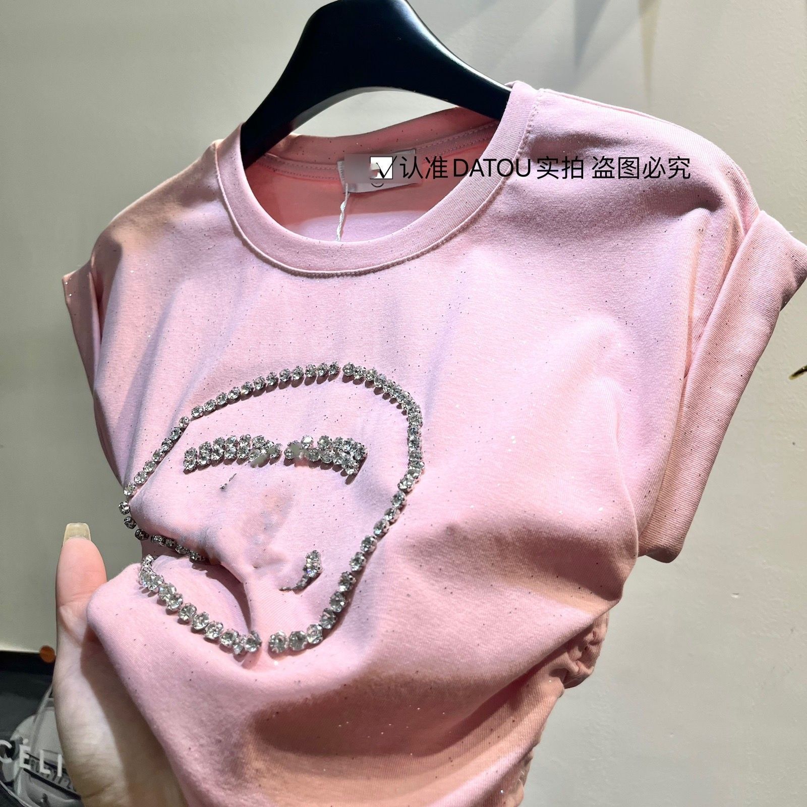 Women's short-sleeved waist designer slim rhinestone shiny O-neck T-shirt with drawstring T-shirt