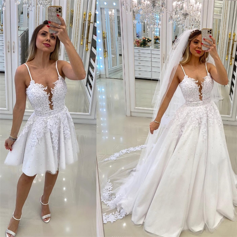 Removable Tail Short Wedding Dress Detachable Spaghetti Straps Strap Bohemian Bridal Dress 2025 Beaded Civil Beach 2 In 1 Bride Dress Luxury Vestio De