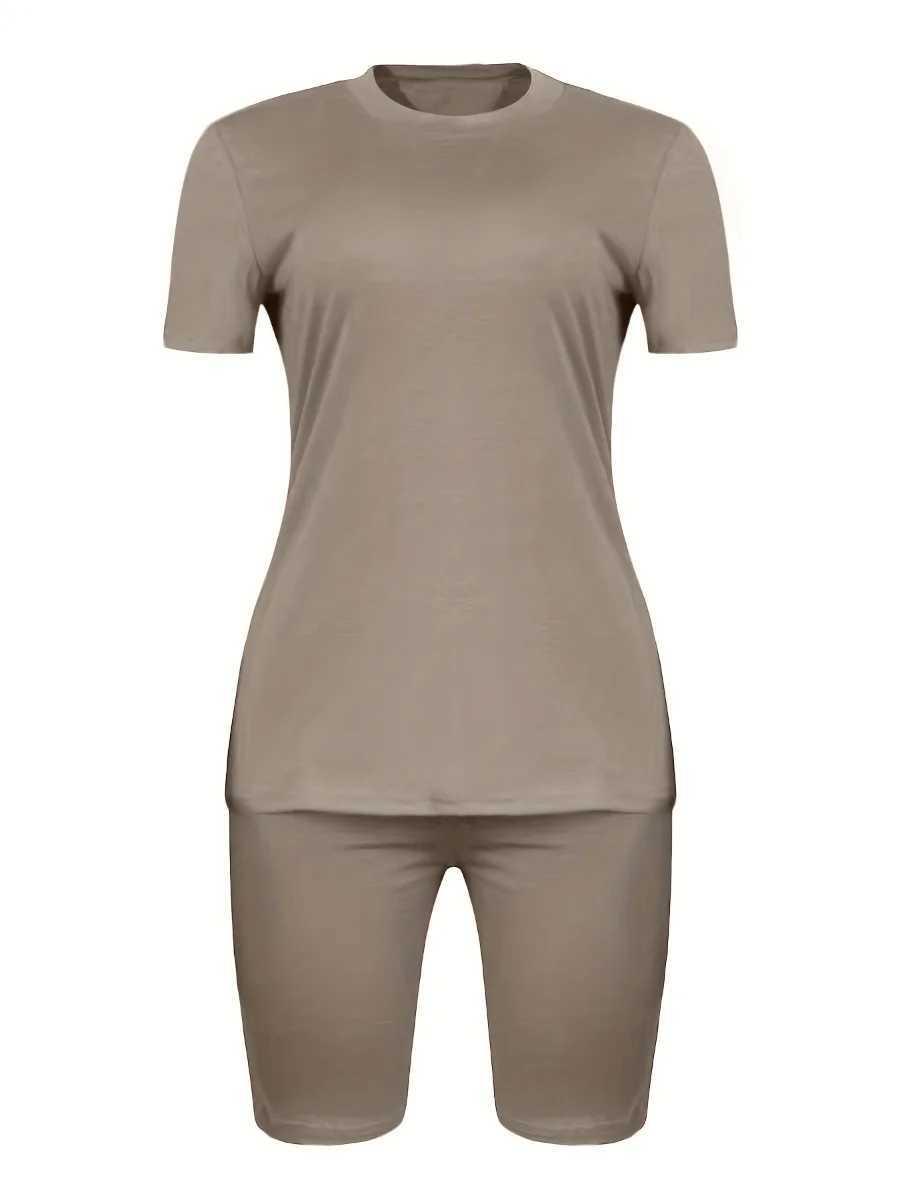 LW BASICS Plus Size Round Neck Regular Fit Breathable Short Sve Solid Women Home Two Piece Sets Tracksuits OutfitsXJ250106