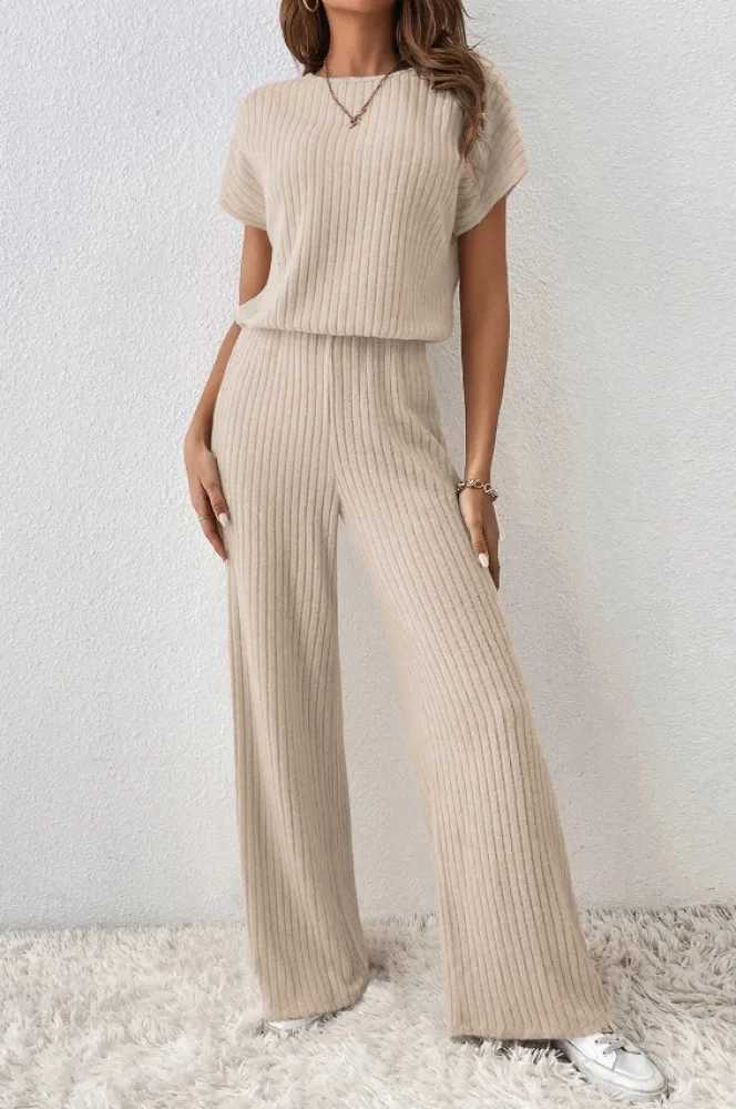 Simple Style Rib Knit Long Pants Suit Women Casual Short Sve T-shirt Loose Trousers 2 Piece Sets Summer Autumn Women SetXJ250106
