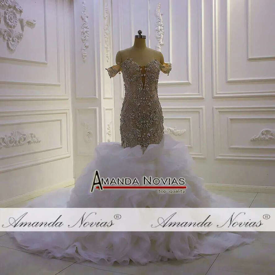 Champagne Full Beading Off The Shoulder V-Neck Ruffles Mermaid Wedding Dress