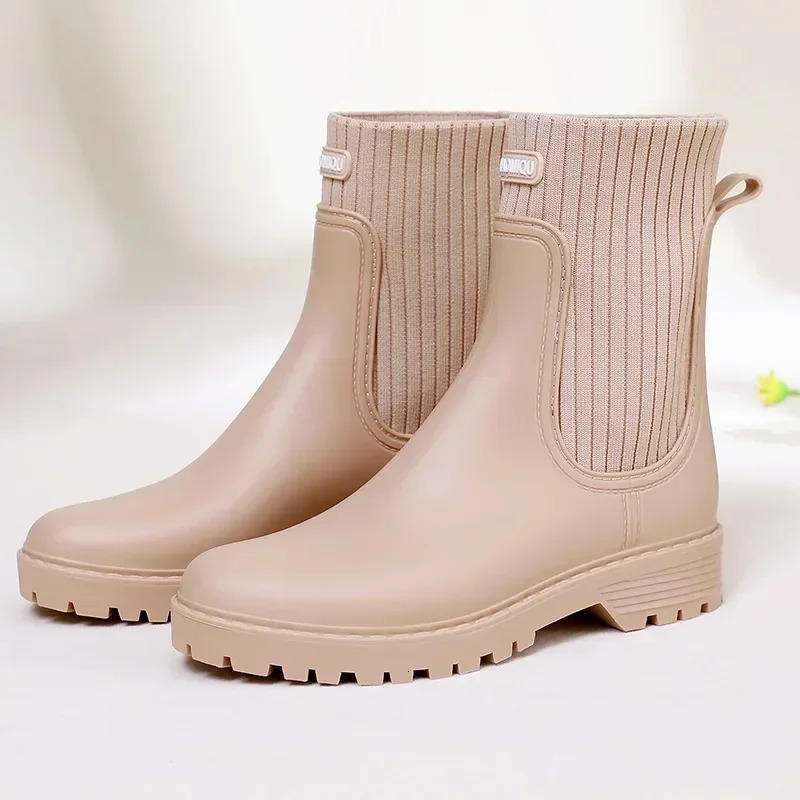 Rain Boots Womens Waterproof Shoes Rainy Ladies Pink Fur Rubber Rainshoes Woman Galoshes Non-slip Pull-on Rain Boots 250106