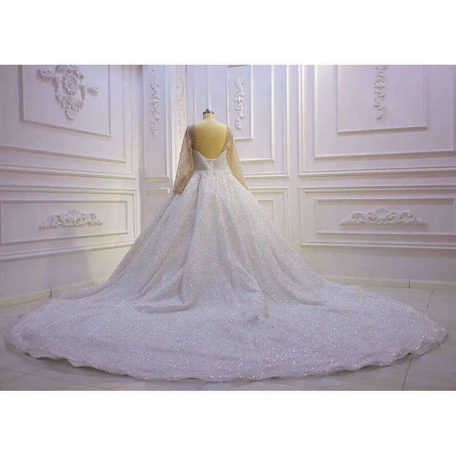 Stunning Full Pearls Long Sleeve Low Back Ball Gown Bridal Wedding Dress
