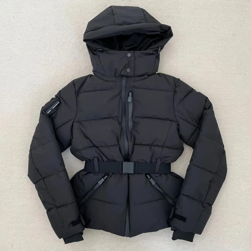 Women's Jackets Fashion Hooded Padded Coat With Belt Women Slim Standing Collar Full Sleeve Pocket Winter Ladies Windproof Warm Ski Jacket