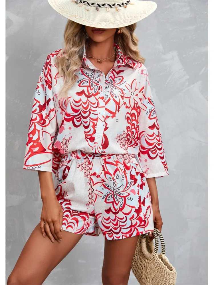 New Print Three-quarter Sve Short Casual Suit Spring Summer Fashion Ele Casual Button Shirt 2 Piece Set Womens ClothingXJ250106