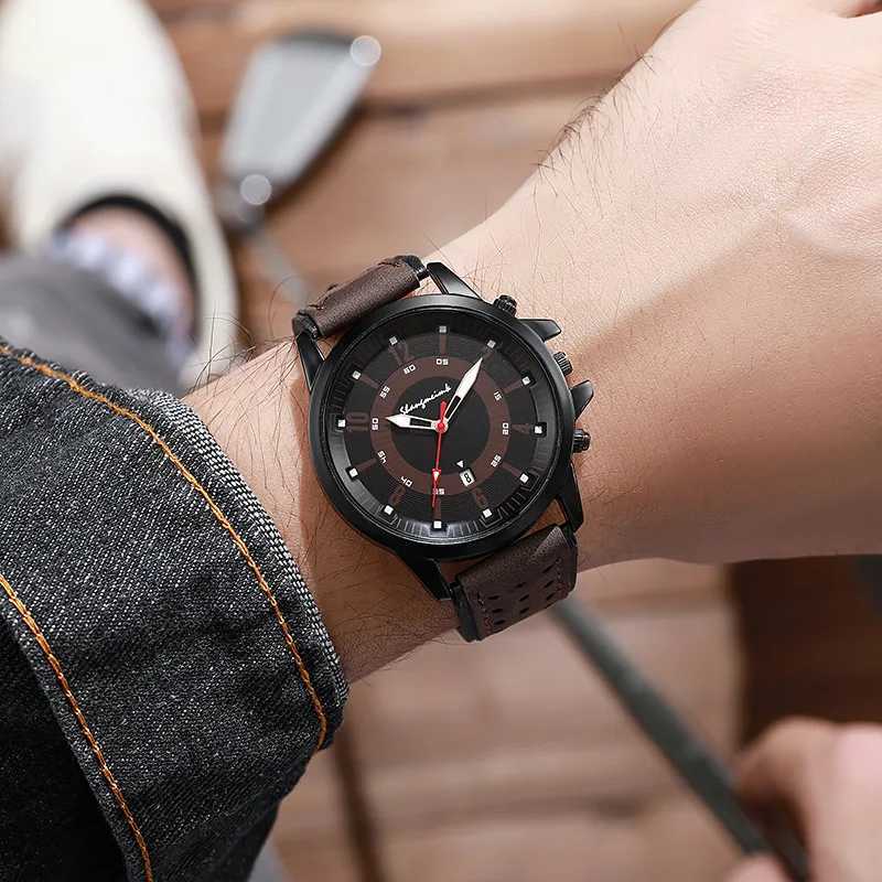 YIKAZE Retro Mens Watches Calendar Military Men Quartz Wristwatch Large Dial PU Leather Strap Bracelet Watch for male StudentX250107