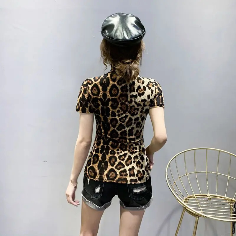 Spring Summer Printed Base Shirt Leopard Print Fashion Long Sleeved T-shirt Mesh Large Size Elastic Slim High Neck Tops 250106