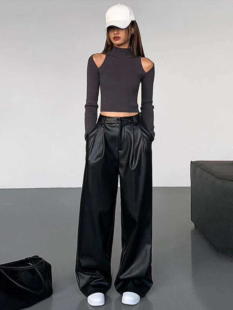 Vintage PU Leather Pants Women Loose Zipper High Waist Wide Leg Trousers Female 2025 Early Spring Fashion Lady Streetwears 250106