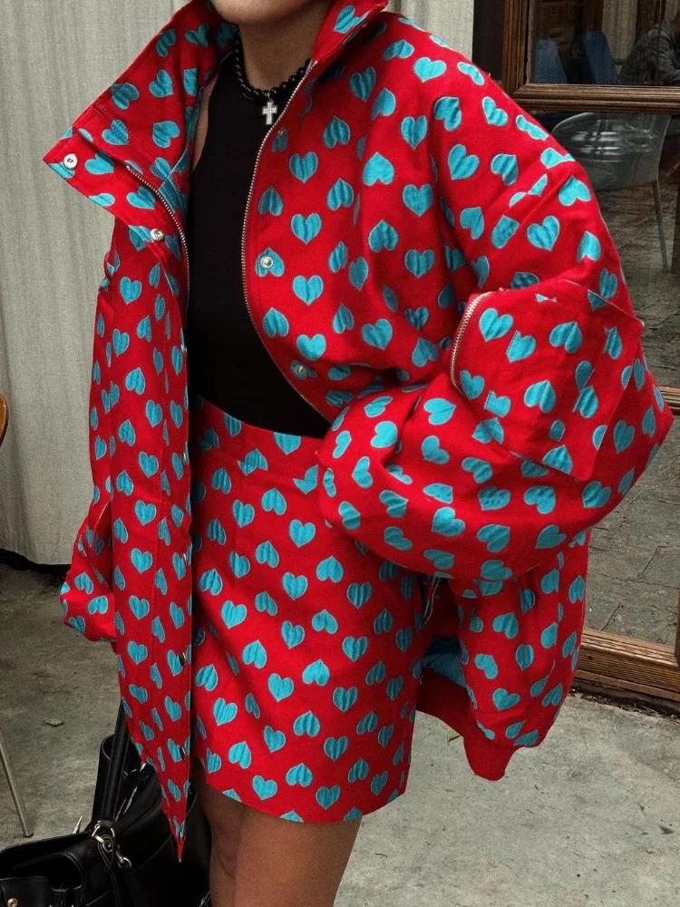 Casual Print Thicken Coat Skirt Women Set Street Long Sleeve Zippers Pocket Jacket Sexy Skirts 2024 Autumn Winter Y2k Lady Suit 241225