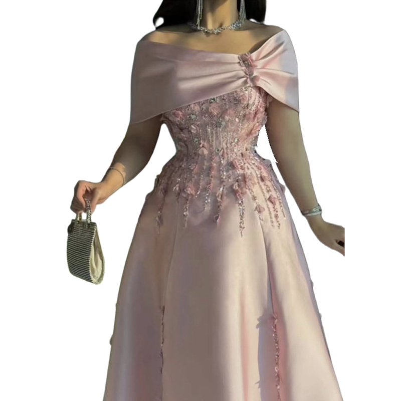 3D Floral Appliques Pink Prom Dresses A-Line Floor Length Beaded Long Evening Gowns Off Shoulder Birthday Party Special Occasion Dress