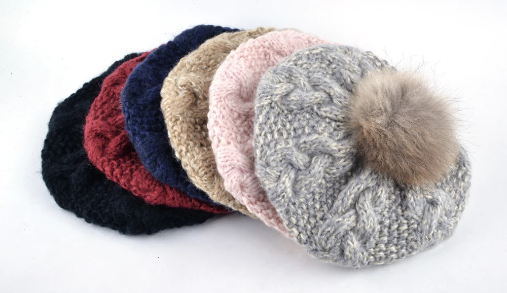 Winter Raccoon fur pompom beret ladies knit wool hat hand-knitted cap female berets hats for women boina feminina Gorras 250106