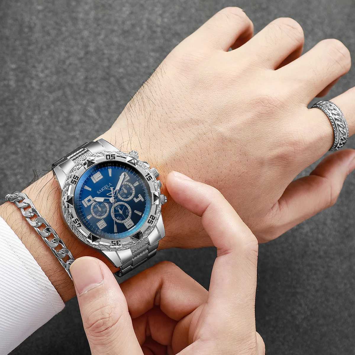 4pcs/set Mens Watches Fashion Arabic Dial Quartz Watch Males Silver Band Wristwatches Jewelry Set (Without BoxX250107