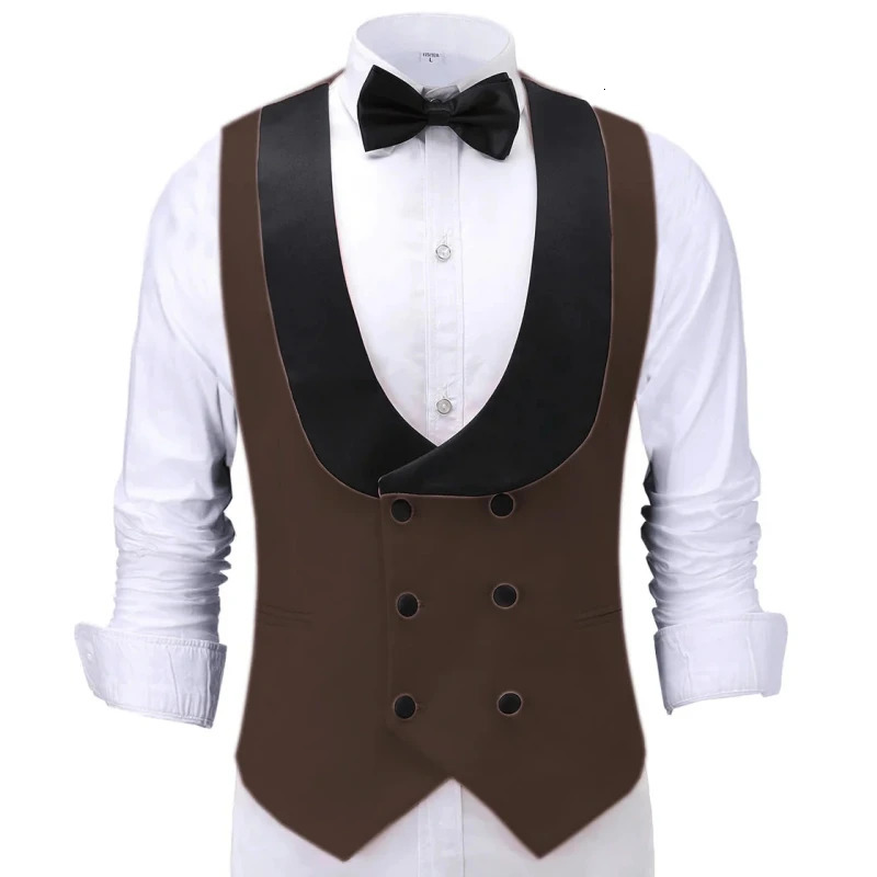 Men Vest Beige With Black Lapel Double Button Waistcoat For Banquet Birthday Wedding Business Work Formal Set Suit 250107