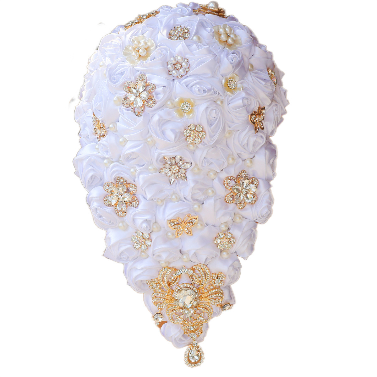 Wedding Flowers Bridal Bouquet Waterfall water drop hand bouquet gold diamond ribbon rose wedding supplies