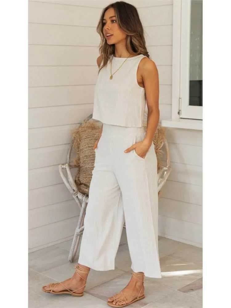 Fashion Women Solid Top Shirt 2 Piece Set New Summer Ele Casual O Neck Sveless Pants Suit Fe Office Holiday SetsXJ250106