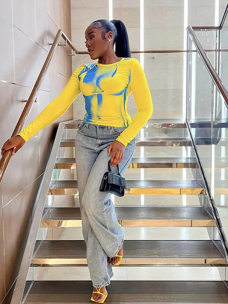 Body Print Crop Tee Shirts Women Fall Spring Y2K Korean Fashion Long Sleeve O-neck Skinny Top Tshirt Streetwear 250106