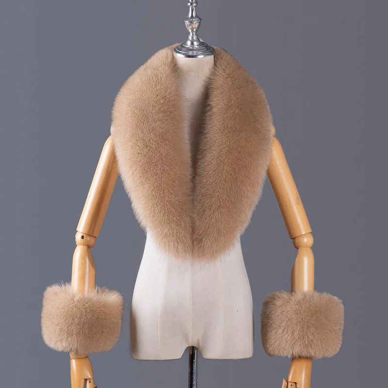 Real Fox Fur Collar Women Natural Fur Scarf And Cuff Set Women Coat Jacket Fur Shawl Neck Warm Scarves Fashion Fur Shawl 250106