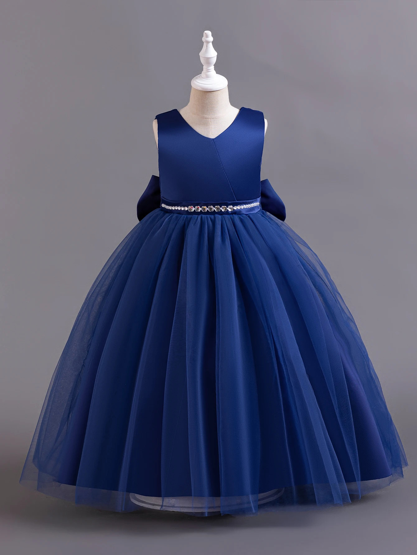 Shining Crystal Belt blue Sleeveless Long Dress for Princess Prom Bow Dresses for 3 to 12 Years Girls 250106