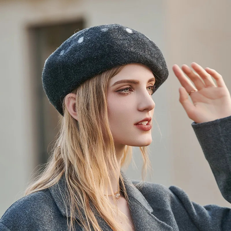 Elegant Women Girls Berets Cap French Artist Warm Woolen Winter Beanie Hat Black Vintage Beret Cashmere Hat Polka Dots Wool Cap 250106
