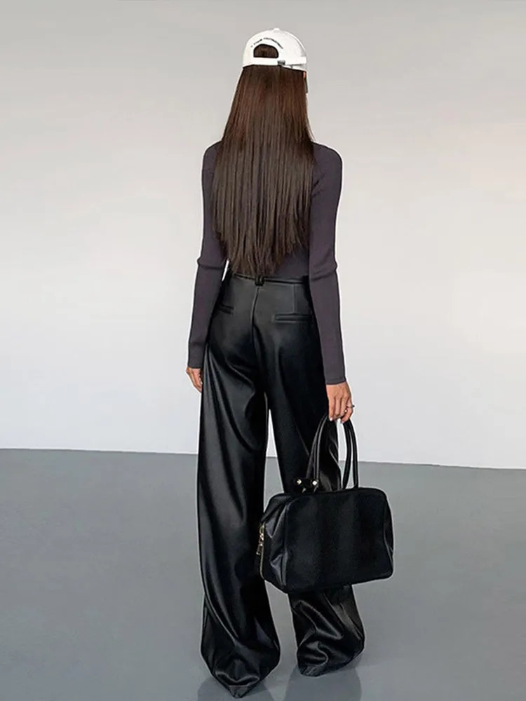 Vintage PU Leather Pants Women Loose Zipper High Waist Wide Leg Trousers Female 2025 Early Spring Fashion Lady Streetwears 250106