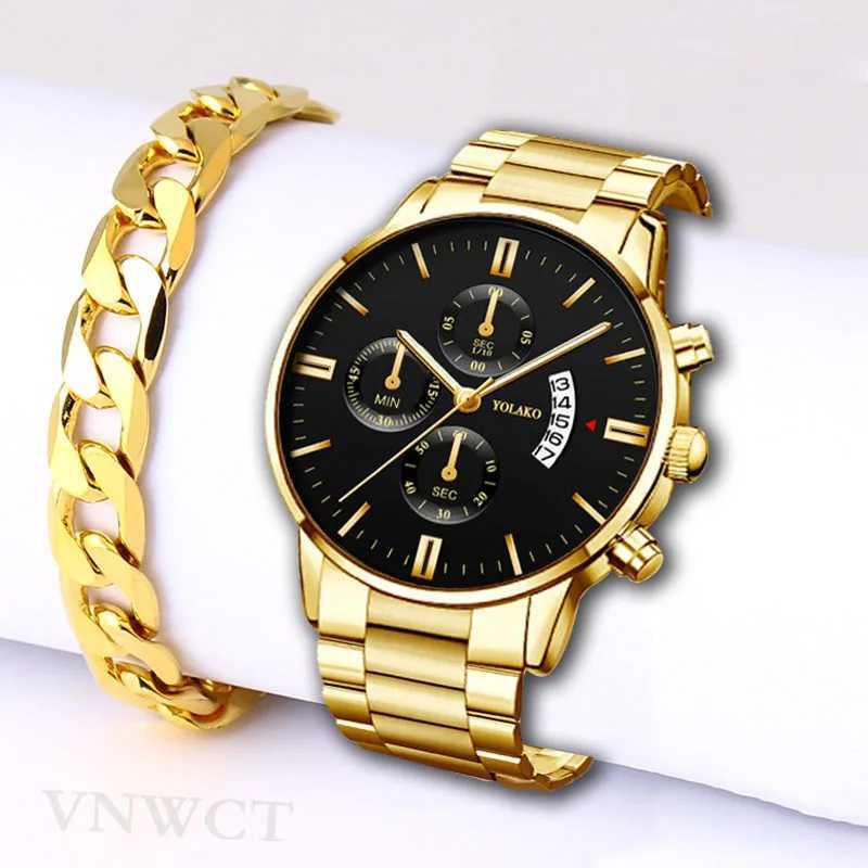 Luxury Men Steel Golden Watch Calendar Quartz Wristwatch Chain Bracelet Business Watches Man Clock for Men Relogio MasculinoX250107