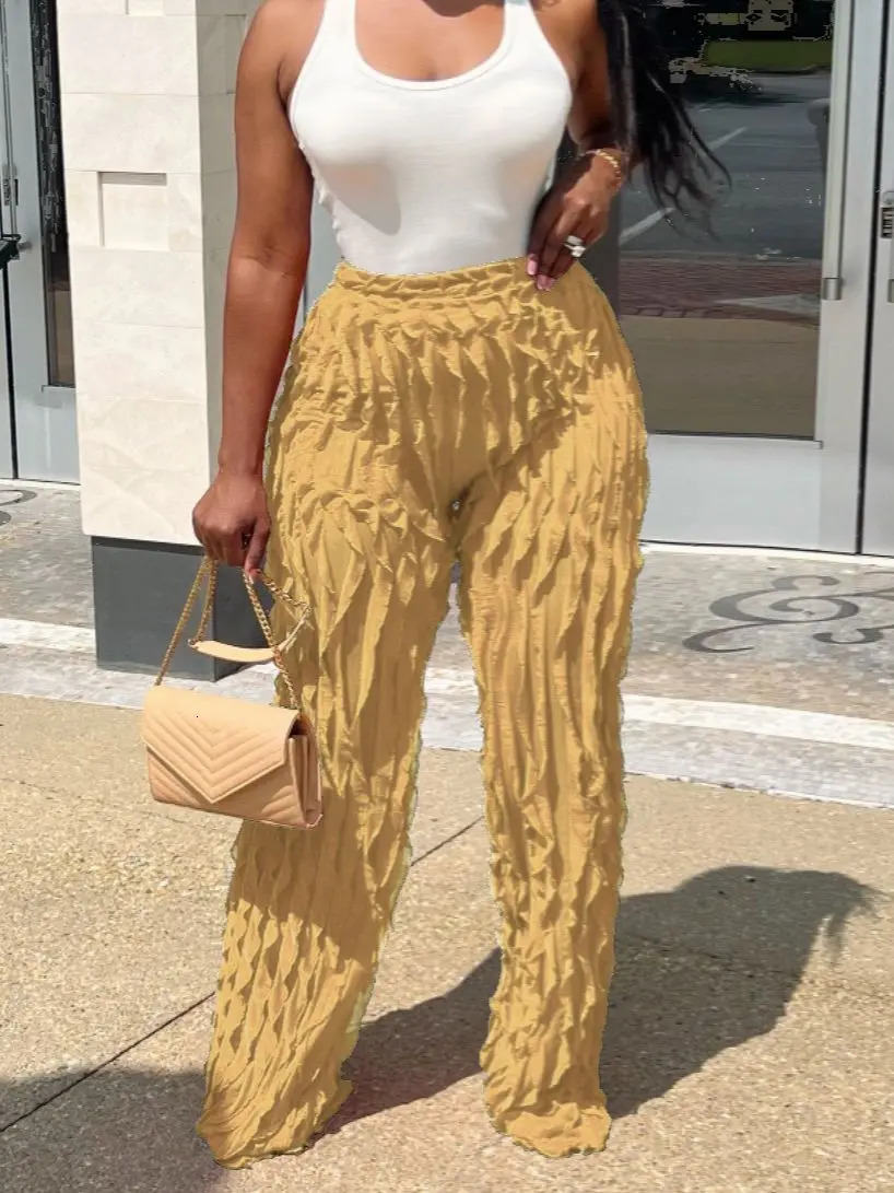 QFAF Women Wave Ruffles Splicing Wide Leg Pants Fashion Autumn streetwear see though Trousers 250106