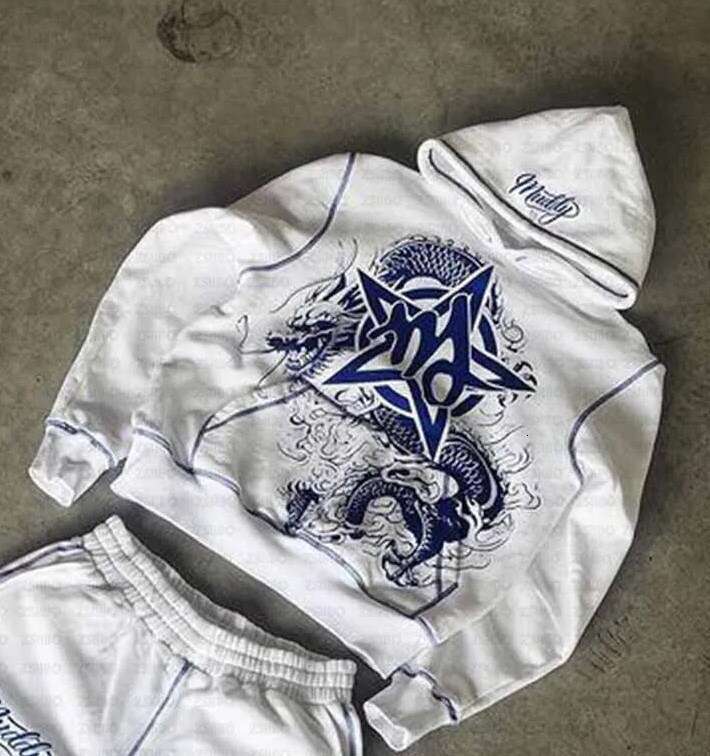 Fashion Dragon print long sleeved loose fitting unisex hoodie hooded pullover couple set