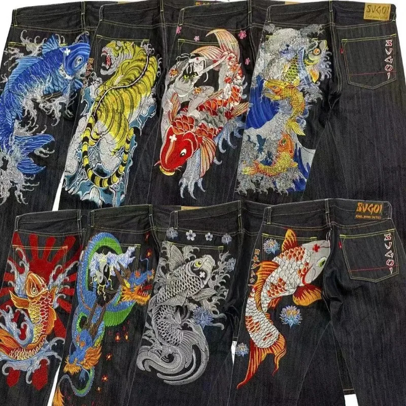 Japanese hip-hop Brocade cargo printed jeans for one couple washed high waisted retro casual loose straight wide leg pants 250106CJ