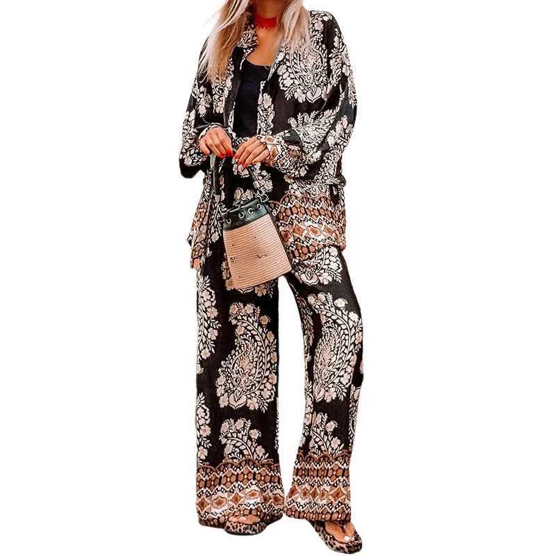 2025 New Long Sved Coat and Pants 2 Piece Set Casual Loose Bohemian Outfits Vintage Pattern Printed Straight Womens SuitsXJ250106