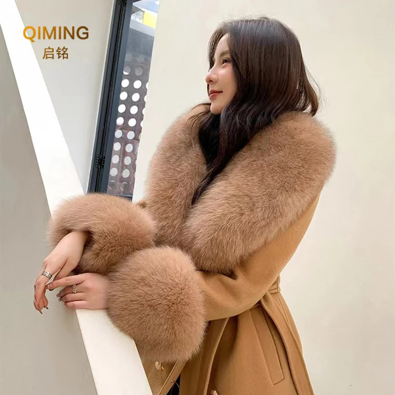 Winter Real Fox Fur Collar Women Large Fur Scarf Suit Fluffy Fur Shawl Fur Cuff Set Furry Wraps Scarves Coat Jacket Adorn 250106
