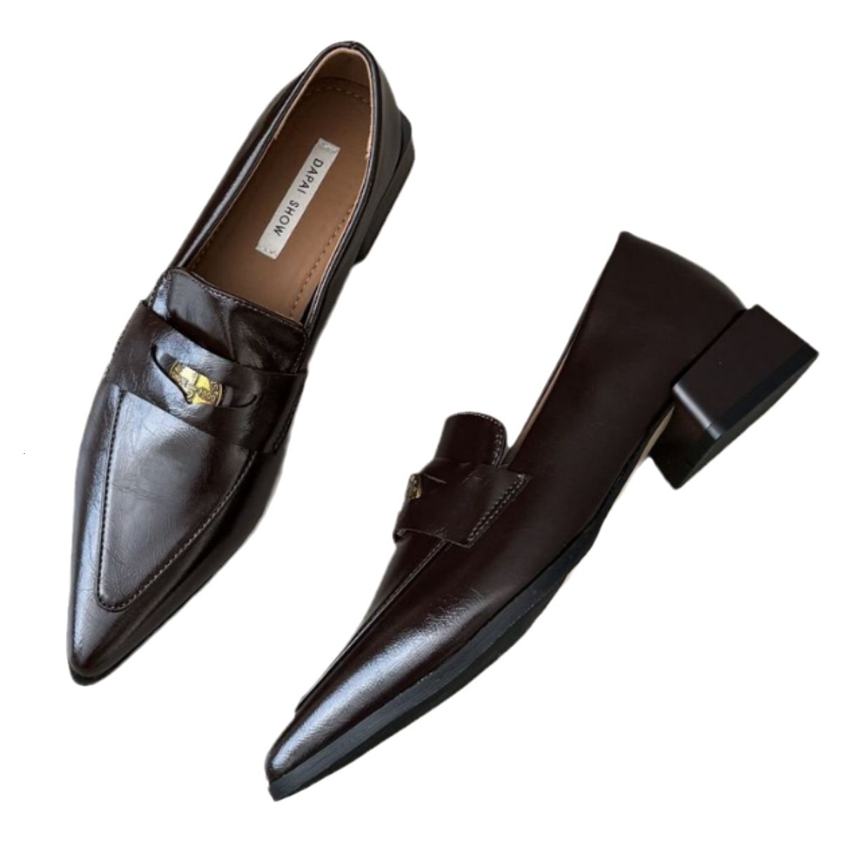 2024 Autumn British style retro pointed loafers, one foot on retro pointed thick heel JK small leather shoes for women