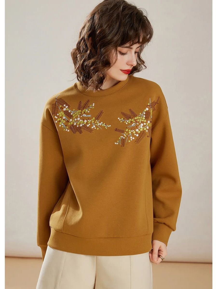 YAO Women Hoodies 2024 Spring New Round Neck Long Sleeve Contrast Color Embroider Casual Loose Fit Pullover Women's Top