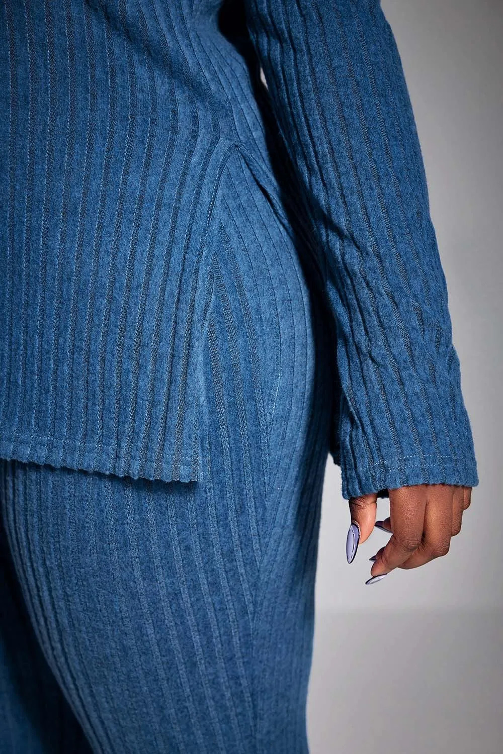 Plus Size Fall Winter Casual Pant Set Royal Blue Solid Color Slim Fit Knitted Round Neck Top Two Piece 250106