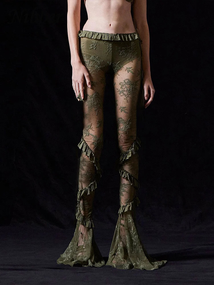Nibber Sexy See Through Mesh Flare Pants Women Coquette Trend Hipster Skinny Elastic Midnight Wild Club Patchwork Trousers 250106