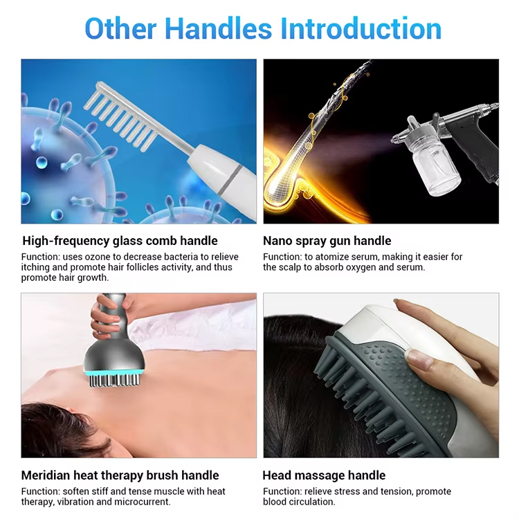 Portable Scalp Care Physiotherapy Machine 5 Handles Microcurrent + Vibration Head Massage Hair Fall Therapy Meridian Brush + Comb Hair Detection Machi