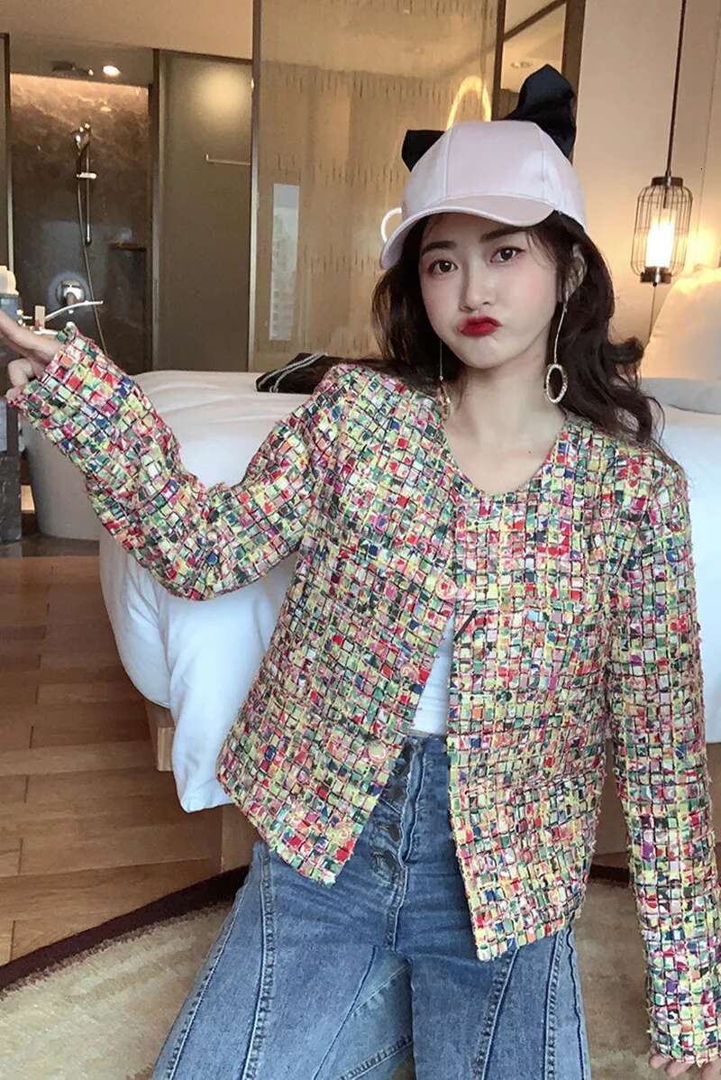 Fashion Temperament Color Plaid Weave Tweed Jacket 2024 Autumn Winter Women New Elegant Woolen Office Ladies Coat