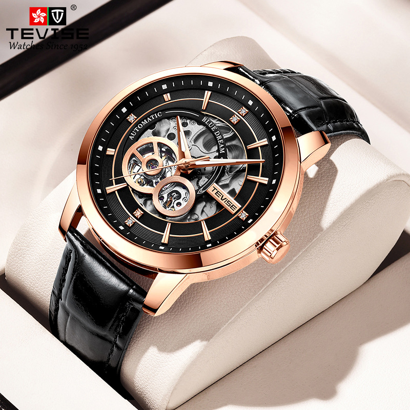 TEVISE New Style Business Fashion Mens Automatic Mechanical Watch with Leather Strap Wristwatch T031-T876C