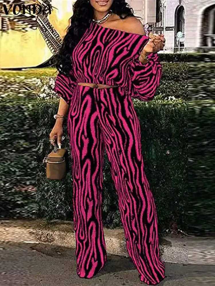 VONDA Autumn Pant Sets 2024 Bohemian Zebra-stripe Printed 2PCS Long Sve Skew Collar Sexy Top and High Waist Pants Casual SetsXJ250106