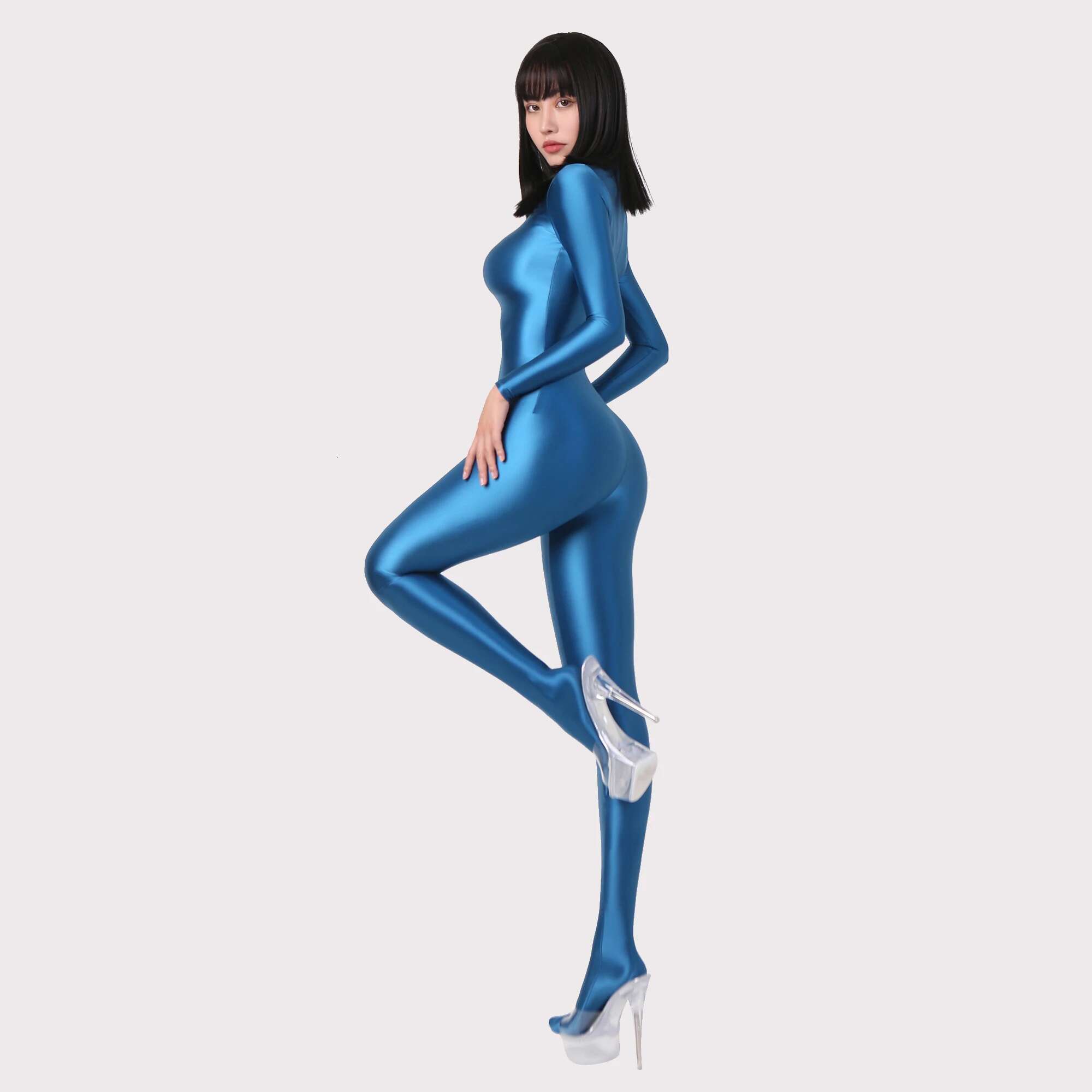 Shiny Satin Sexy Zentai Women Long Sleeve Bodysuit Full Length One-Piece Tights Silky Catsuit Black Jumpsuit Clubwear Streetwear