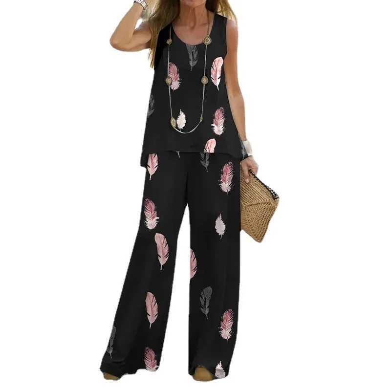 2023 Women 2 Piece Outfits Boho Casual Printed Vest Sveless Top Loose Wide Leg Pants Trousers Two Piece Set Ele SuitXJ250106